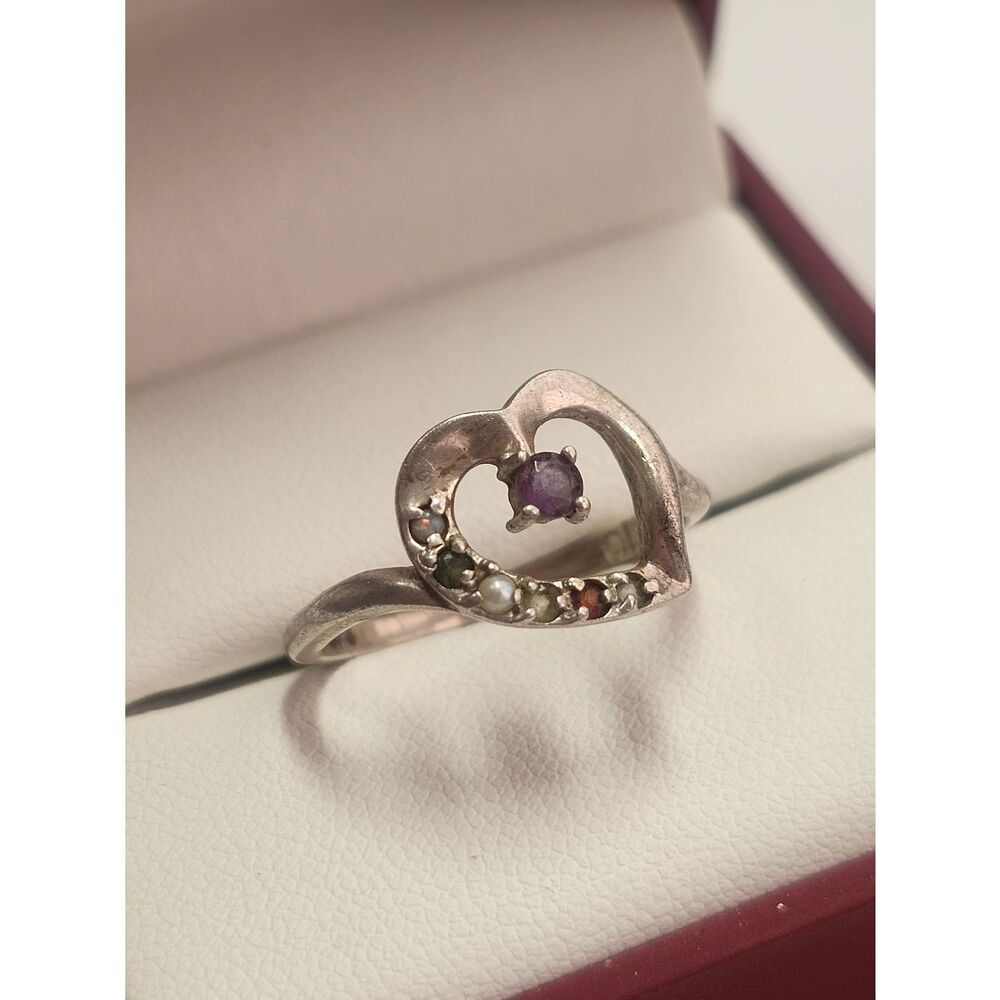 Retro Vintage Lenox Heart Ring Sterling Silver Multi-Gemstone Size 10